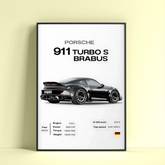 Porsche 911 Turbo S Brabus poster featuring technical specifications and sleek design